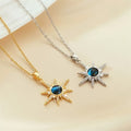 Starlight Halo starburst pendants with a blue centre stone, in gold-tone and silver-tone