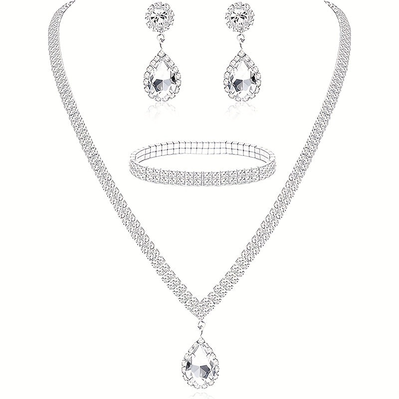 Alessia silver-tone crystal bridal necklace and teardrop earrings on white