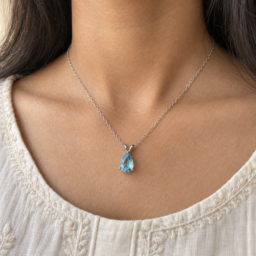 Sky-blue pear-cut pendant on a fine silver-tone chain – worn with an ivory kurta, collarbone view