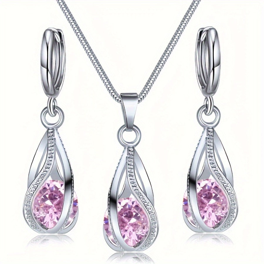 Crystal Drop Set in pink: caged teardrop pendant necklace with matching hoop earrings