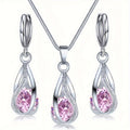 Crystal Drop Set in pink: caged teardrop pendant necklace with matching hoop earrings