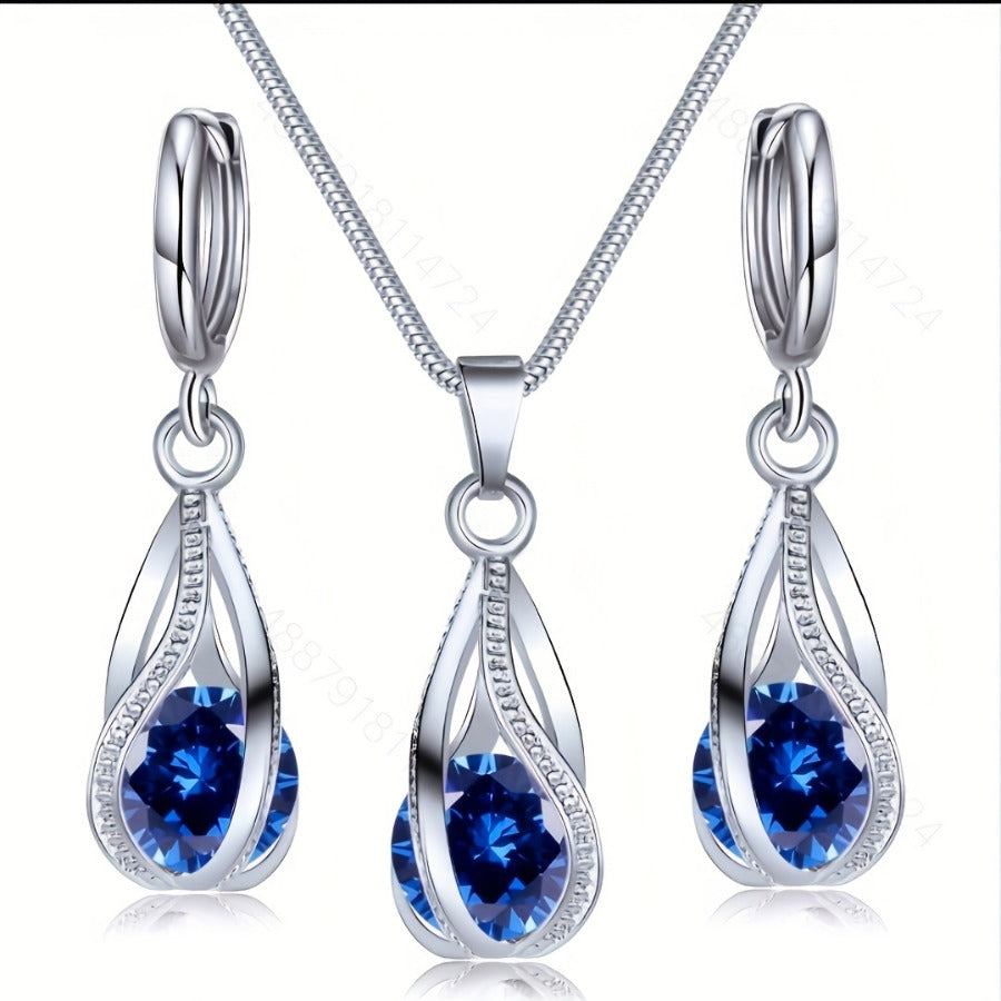 Crystal Drop Set in dark blue: teardrop pendant and earrings