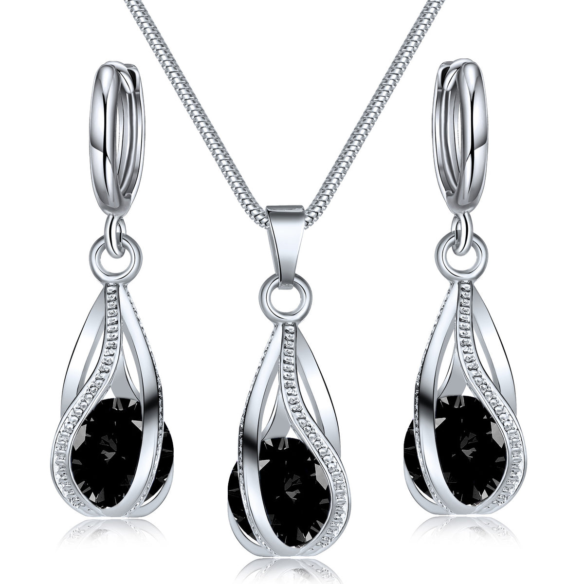 Crystal Drop Set in black: teardrop pendant and earrings