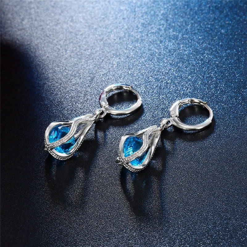 Sky blue Crystal Drop hoop earrings close-up