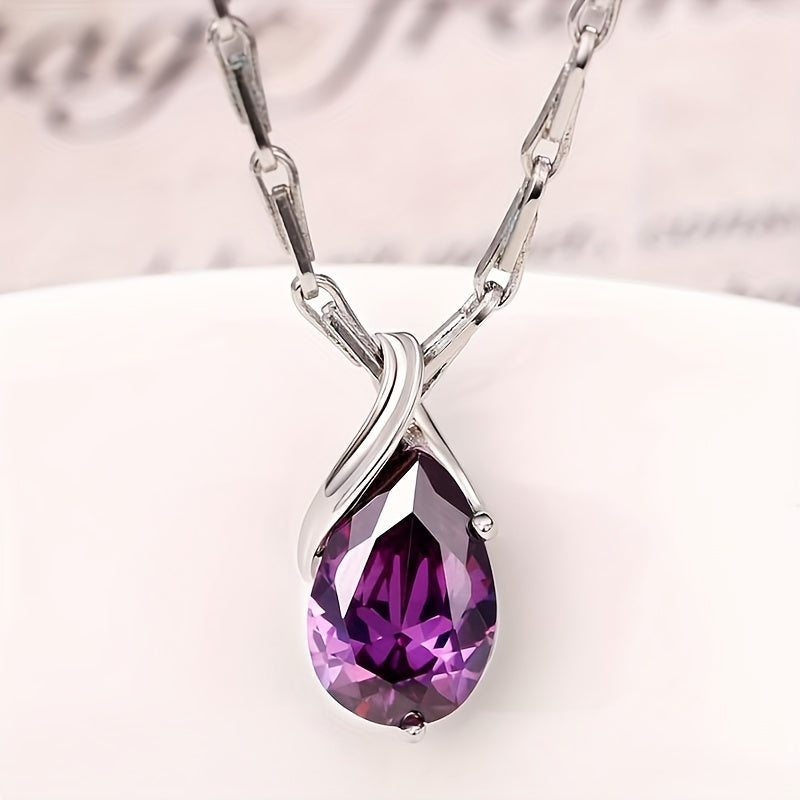 Violet Drop pendant: pear-cut violet stone in a twisted silver-tone bail