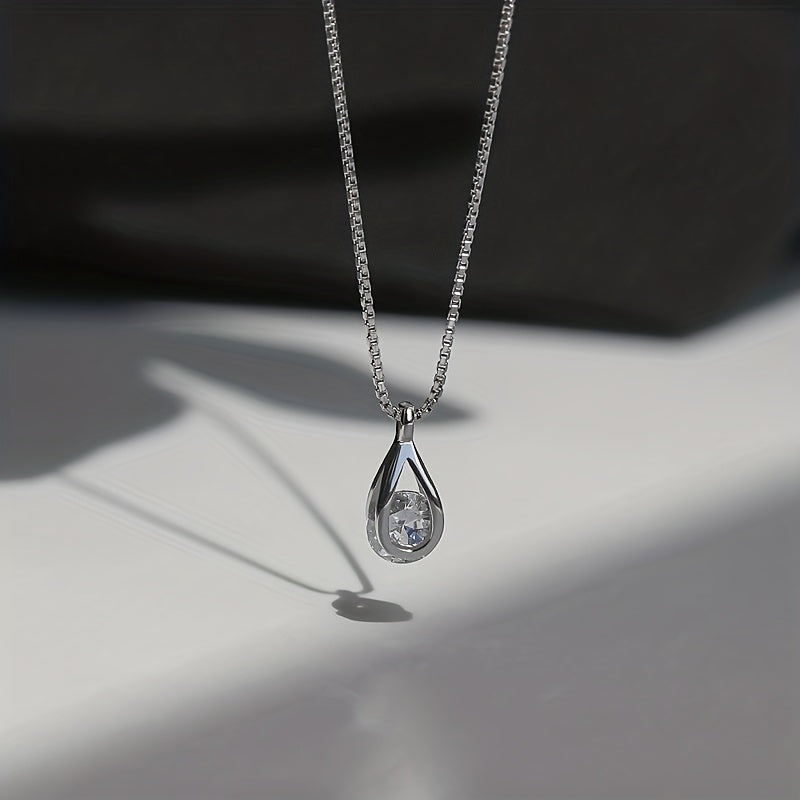 Petite Larme dainty zircon teardrop pendant on a fine silver-tone box chain